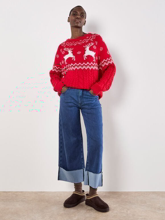 Reindeer Chunky Cable Knit Jumper, Red, large