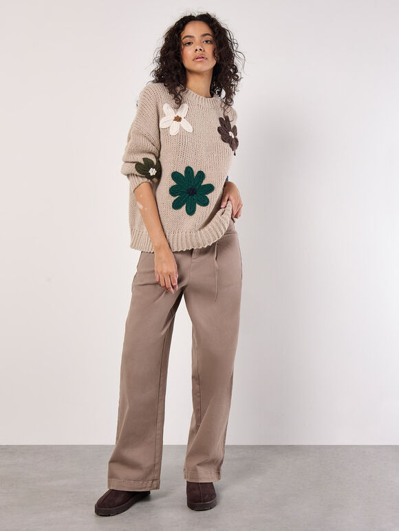 Embroidered Flower Jumper, Stone, large