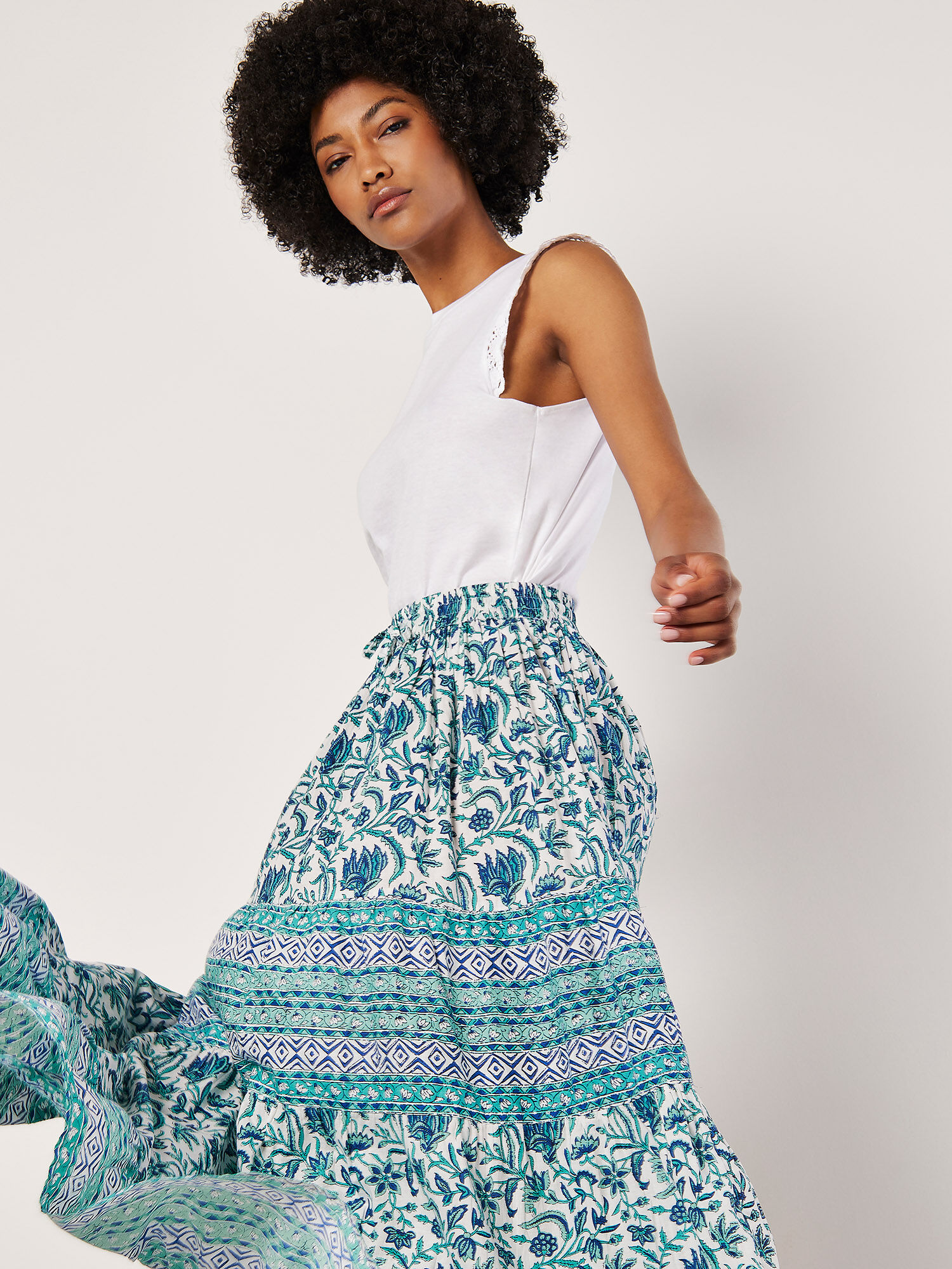 Floral Vine Cotton Tiered Maxi Skirt Apricot Clothing