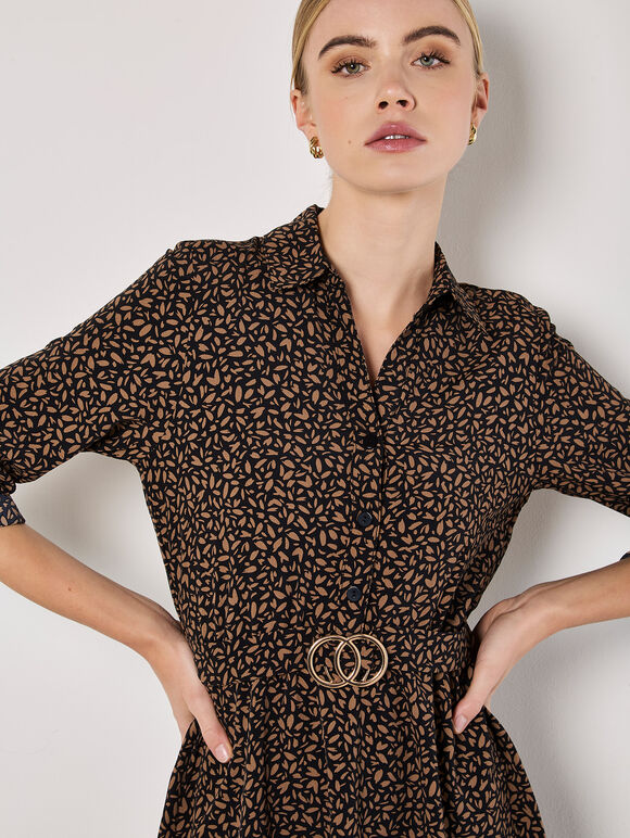 Petal Print Belted Shirt Mini Dress, Brown, large