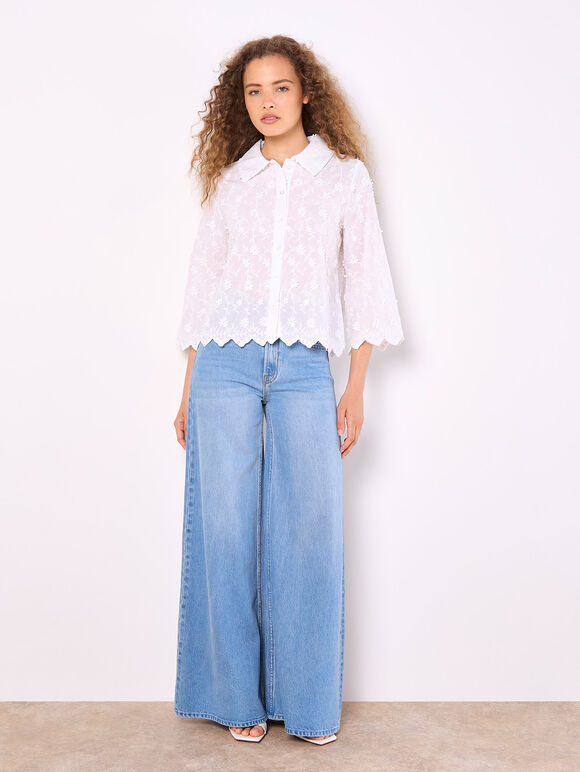 Applique Flowers Cropped Shirt, White, large