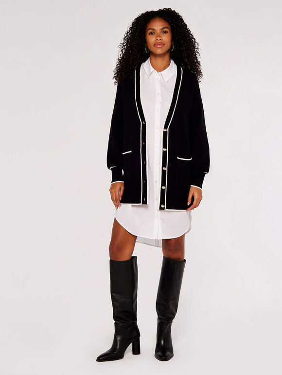 Contrast Trim Gold Button Cardigan, Black, large