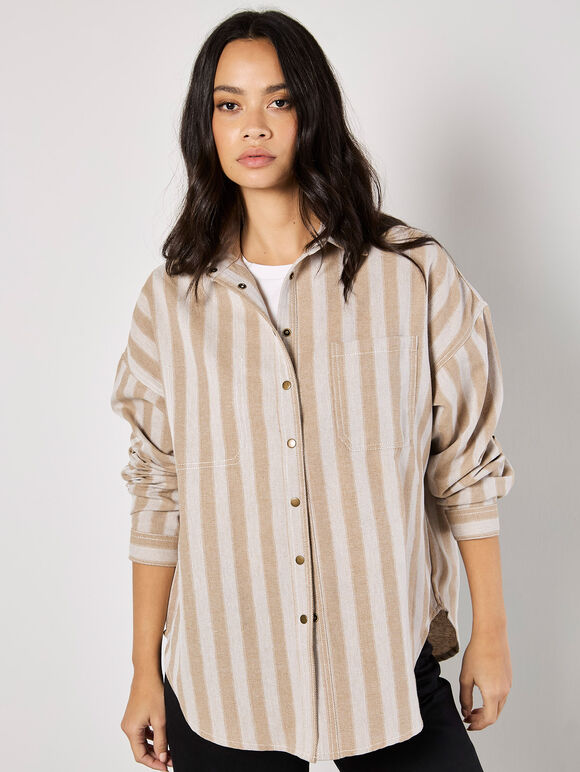 Twill Stripe Oversized Shacket, Stone, large