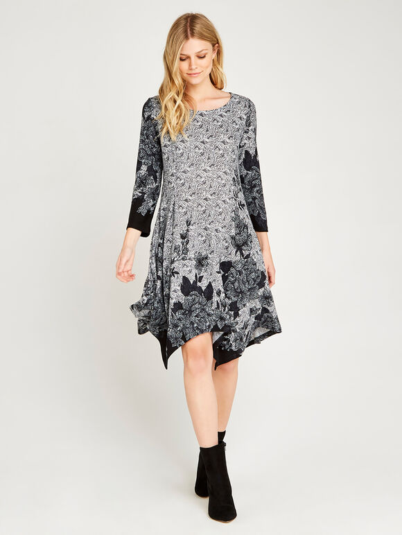 Floral Edge Hanky Hem Dress, Grey, large