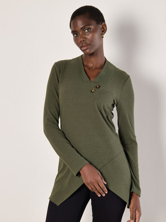Wrap Hem Ribbed Tunic Top, Khaki, large