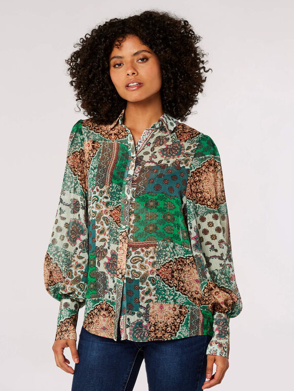 Paisley Patchwork Shimmer Shirt, Green, large