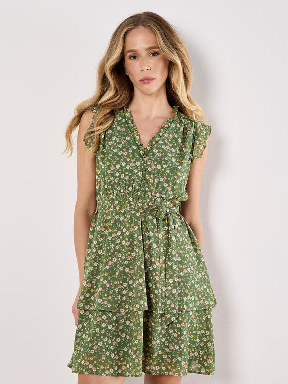 Ditsy Floral Chiffon Mini Dress, Green, large