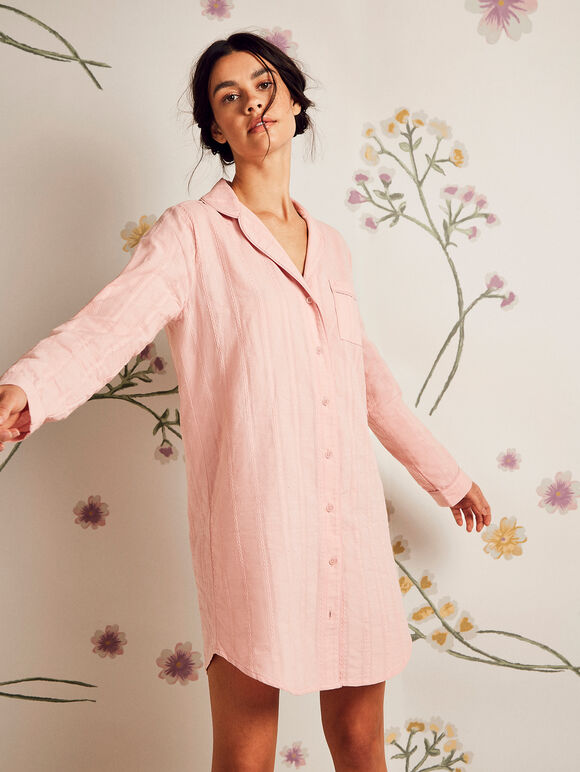 Embroidered Stripe Shirt Dress, Pink, large