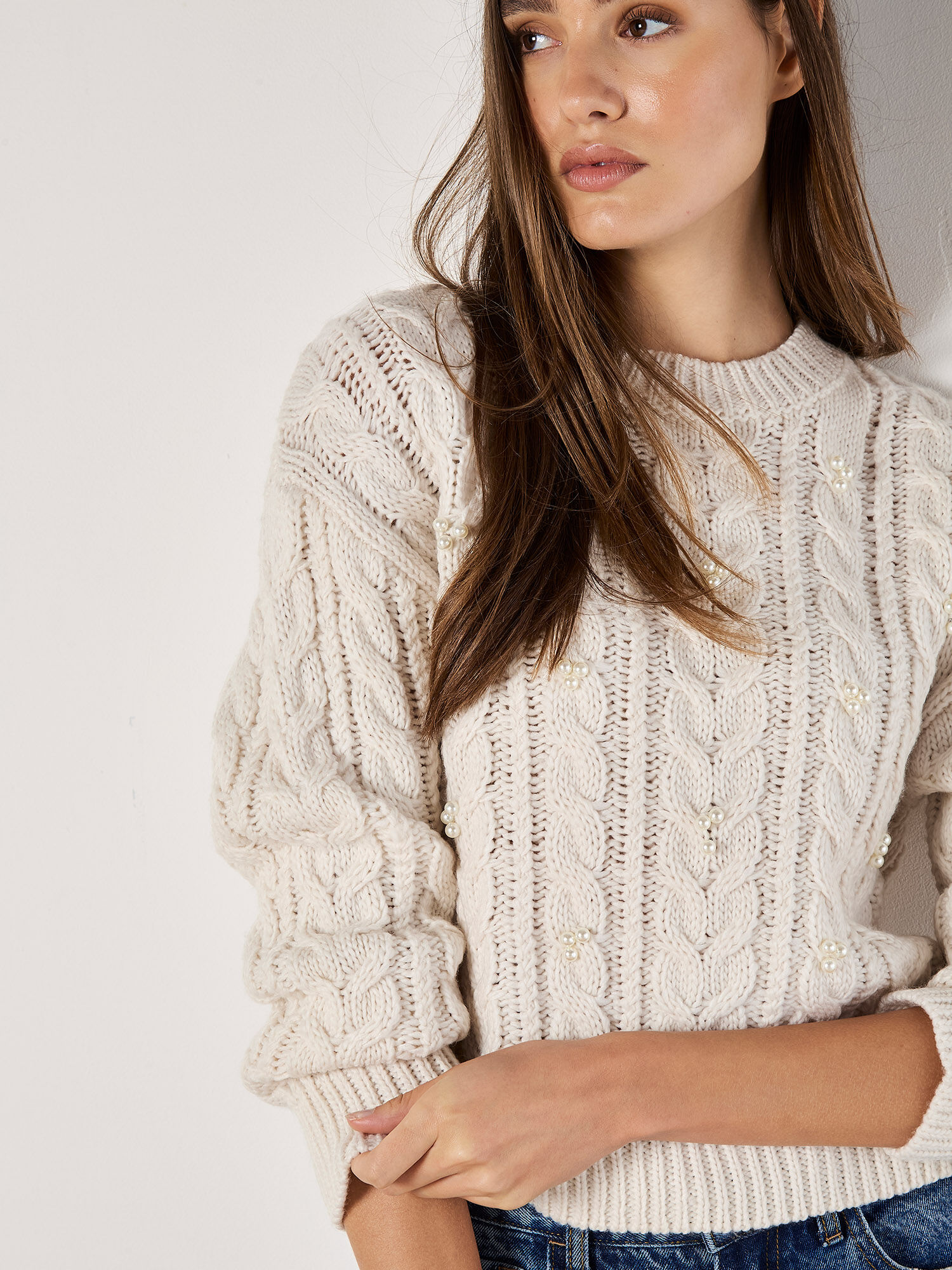 Pearl Embellished Cable Knit Jumper Apricot Clothing