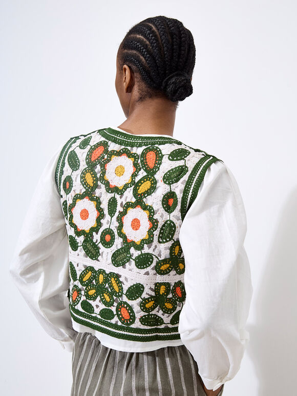 Floral Crochet Waistcoat, Green, large