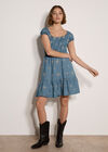 Denim Floral Embroidered Mini Dress, Blue, large