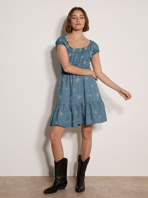 Denim Floral Embroidered Mini Dress, Blue, large