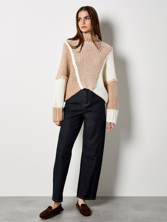 Colour Block Cable Chunky Knit Jumper, Brown, large
