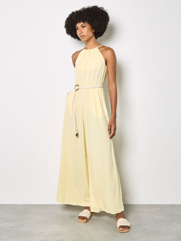 Cotton Blend Wide-Leg Jumpsuit, Yellow, large