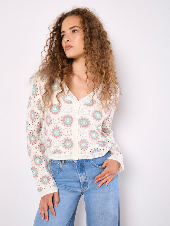 Crochet Circles Cardigan, Cream, large