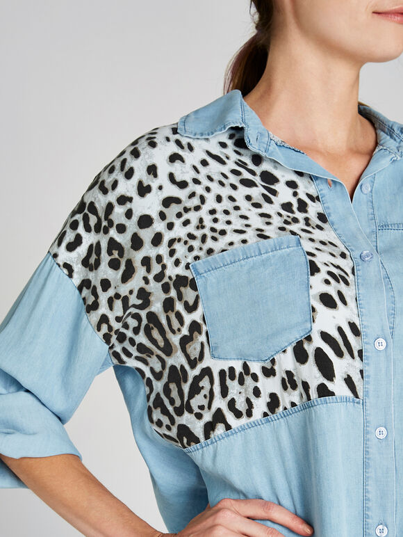 Blue Leopard Print Patchwork Shirt, Blue, large