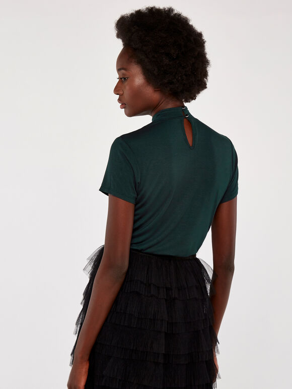 Wrap Collar Short Sleeve Top, Green, large