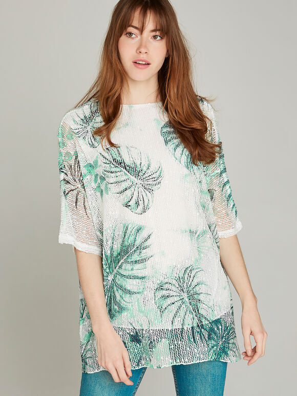 Palm Print Oversized Top, Green, large