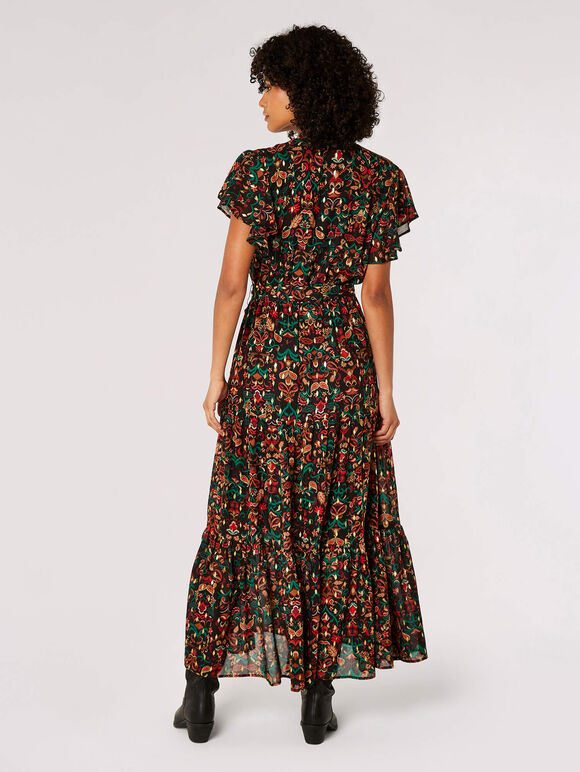 Ditsy Ikat Maxi Dress, Black, large