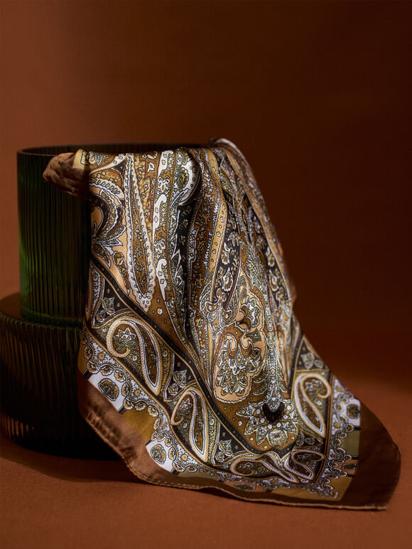 Printed Satin Scarf, Brown, large