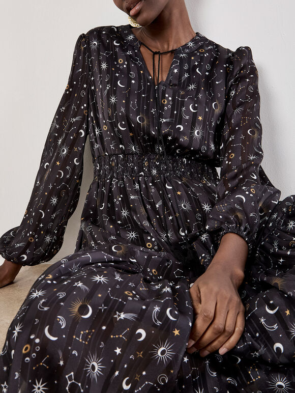 Constellation Shimmer Satin Midaxi Dress, Black, large