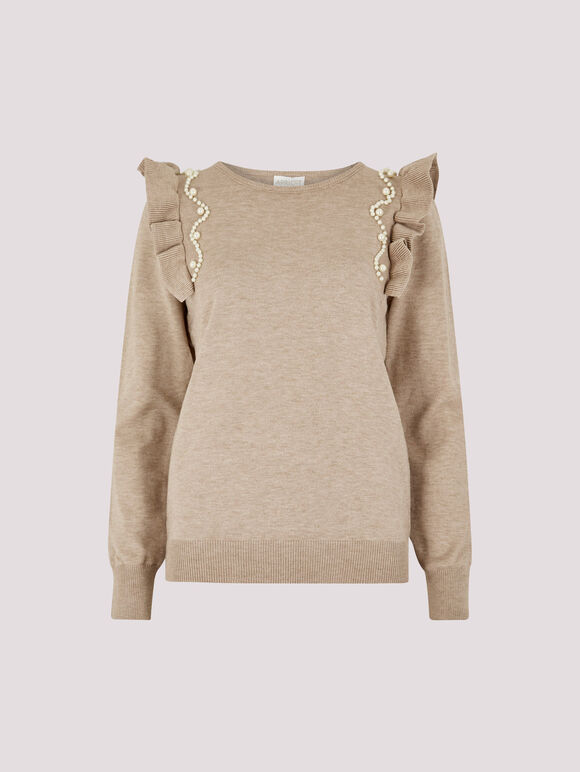 Pearl Embellished Ruffle Jumper, Stone, large