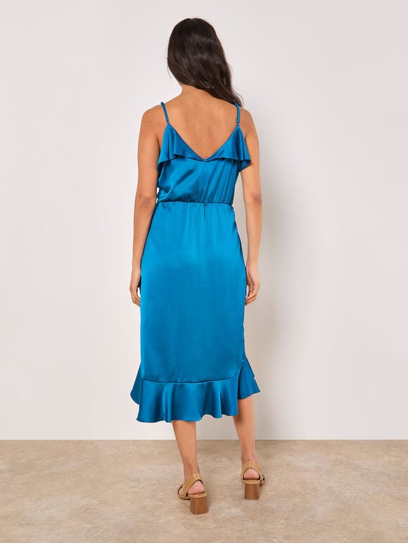 Ruffle Wrap Satin Midi Dress, Blue, large