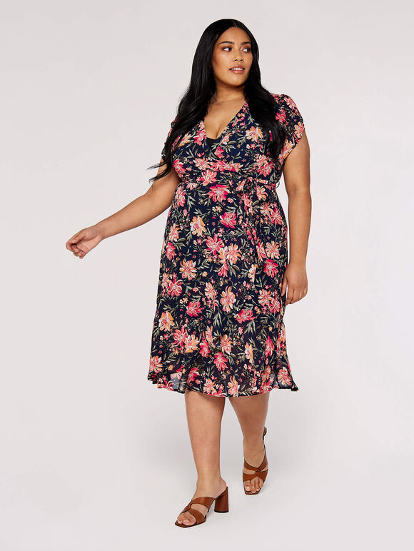 Curve Floral Wrap Midi Dress, Navy, large