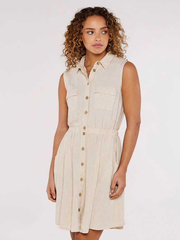 Sleeveless Shirt Mini Dress, Stone, large