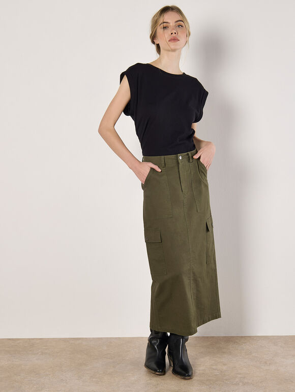 Cotton Cargo Midaxi Skirt, Khaki, large