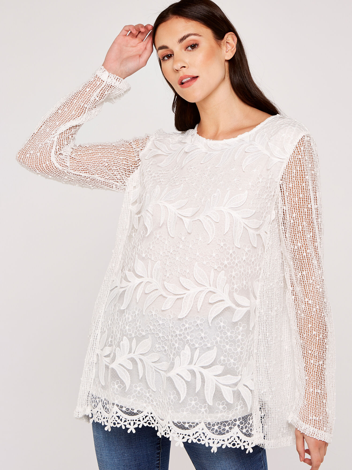 Lace Top with Mesh Sleeve Top Apricot Clothing