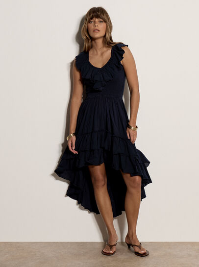 Cotton High-Low Ruffle Midi Dress
