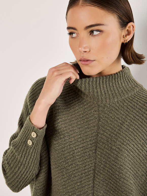 Chevron Knit Oversized Jumper, Khaki, large