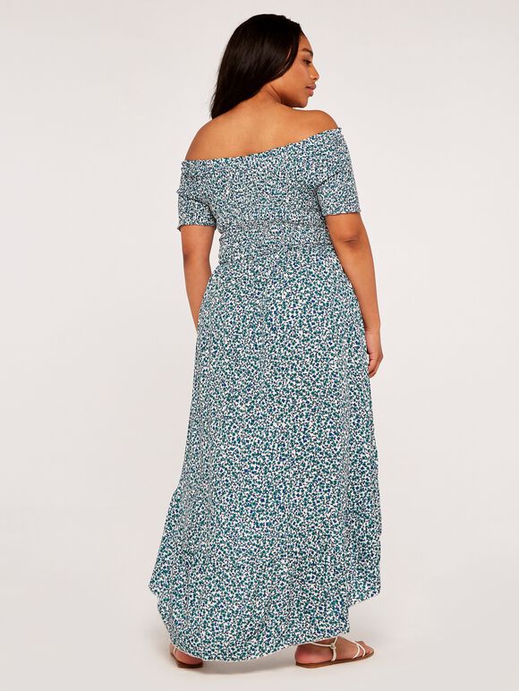 Curve Vintage Ditsy Smock Bardot Dress, Aqua - Turquoise, large
