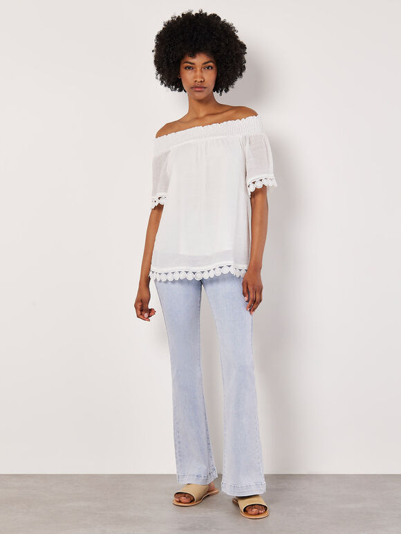 Crochet Lace Trim Bardot Top, Cream, large