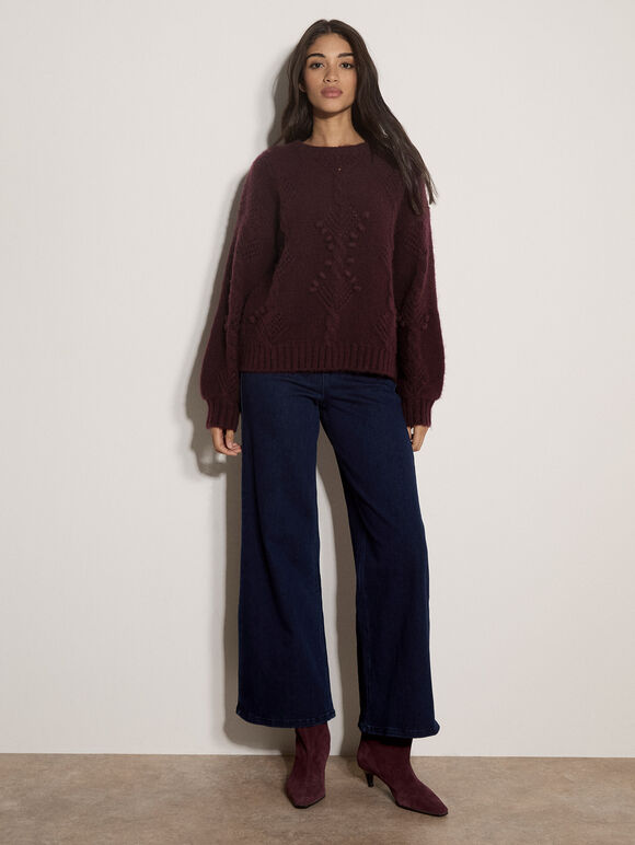 Brushed Bobble Cable Knit Jumper, Plum, large