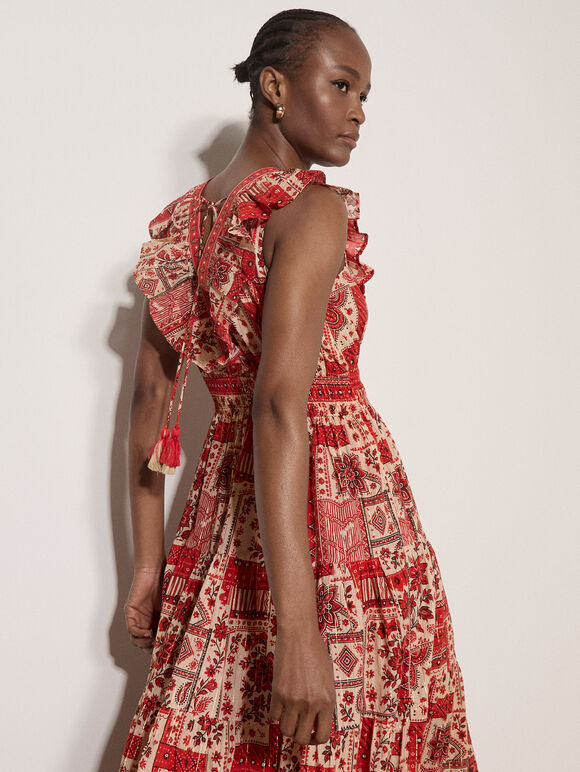 Shimmer Scarf Print Tiered Midaxi Dress, Red, large