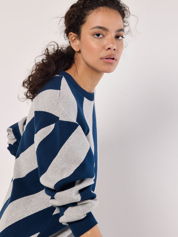 Diagonal Stripe Knitted Jumper, Navy, large