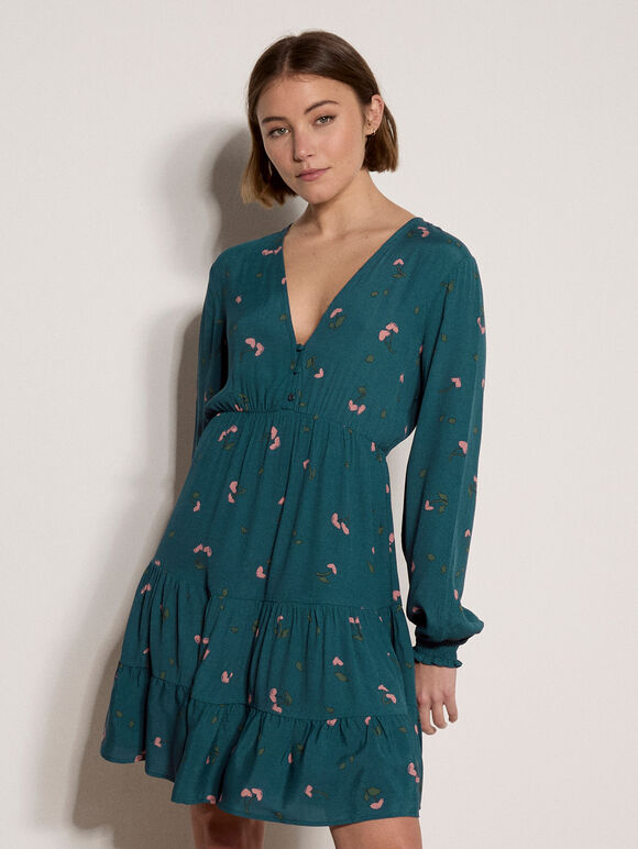Cherry Print Crepe Mini Dress, Teal, large