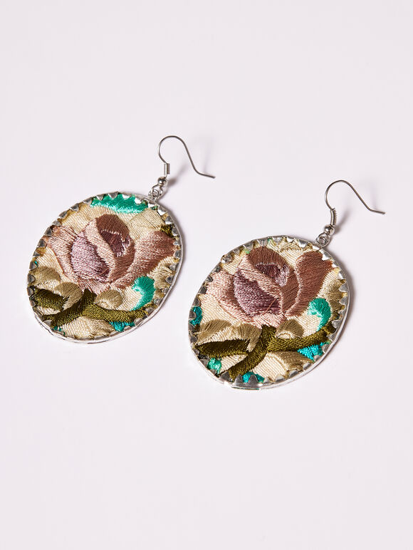 Flower embroidery earrings, Blue, large