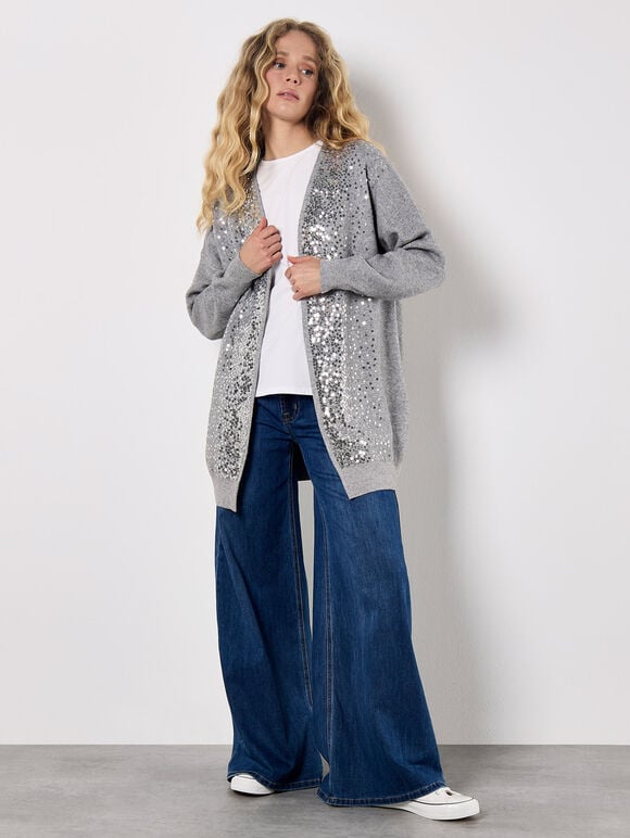 Sequin Embellished Long Cardigan, Grey, large