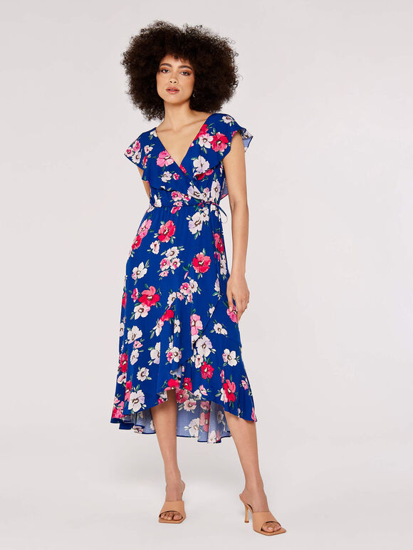 Floral Wrap Midi Dress, Blue, large