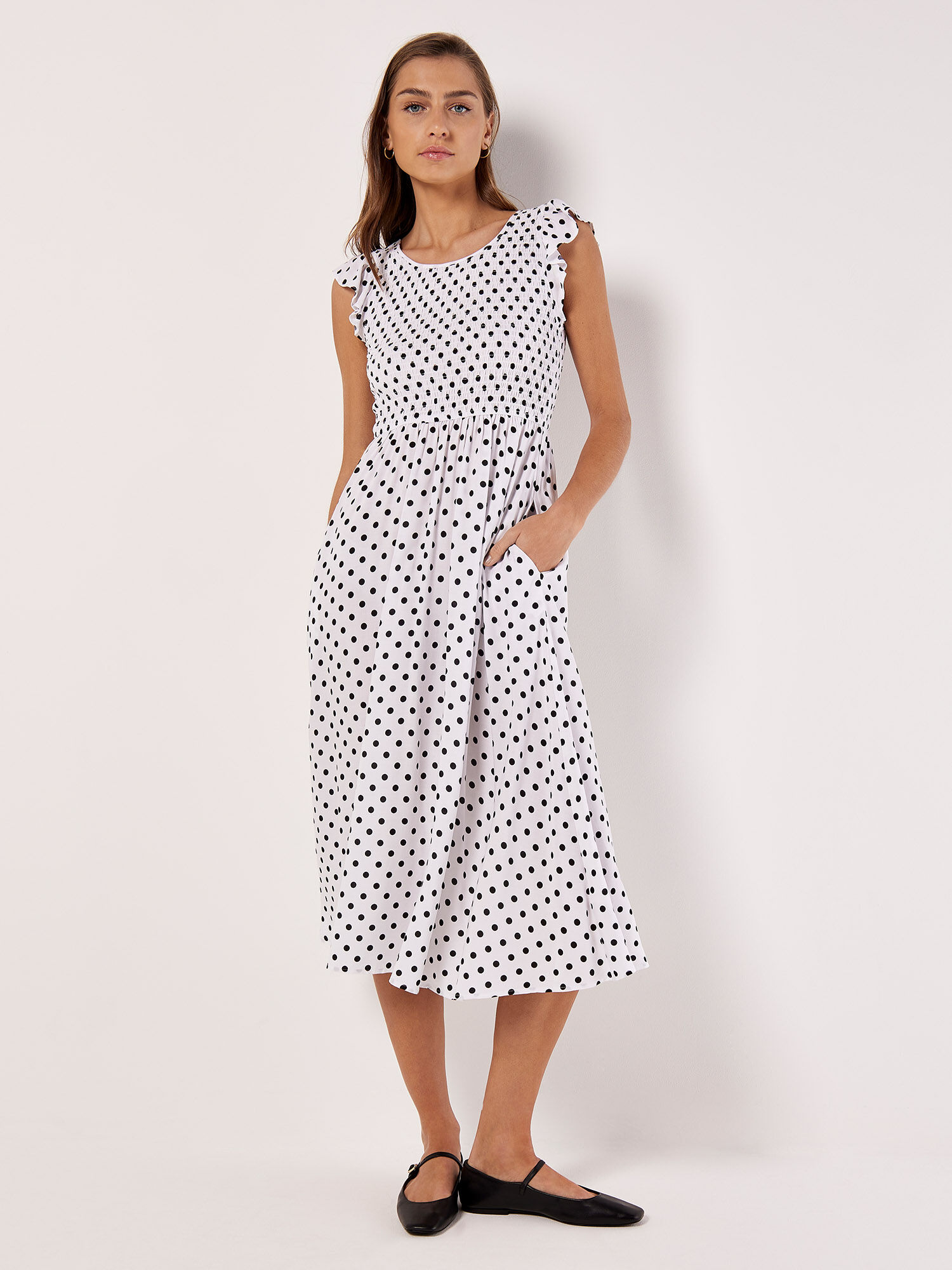 Polkadot Smocked Midi Dress Apricot Clothing