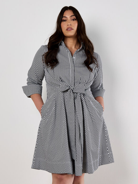 Cotton Stripe Shirt Mini Dress, Navy, large