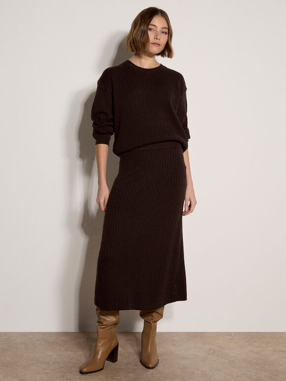 Fine Knit Cable Midi Skirt, Brown, large