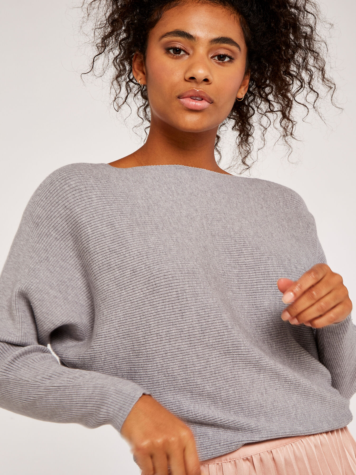 Ribbed Slash Neck Batwing Jumper Apricot Clothing