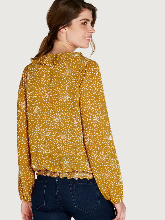 Star Print Ruffle Detail Blouse, Mustard, large