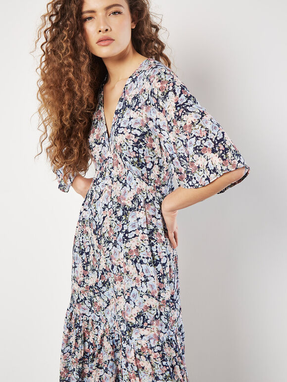 Watercolour Floral Shimmer Maxi Dress, Navy, large
