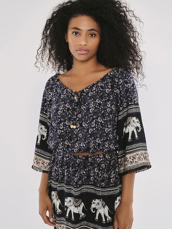Bardot Tribal Elephant Dress, Navy, large