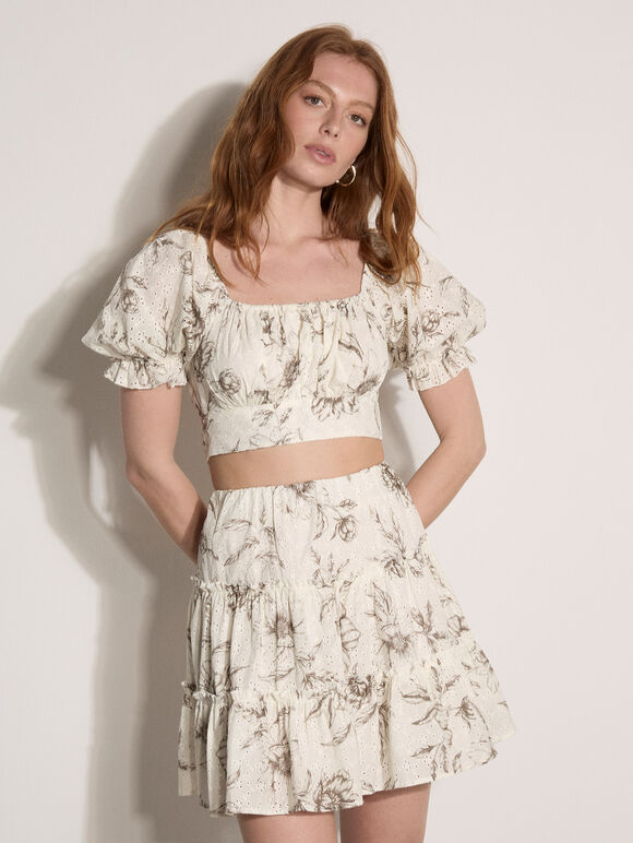 Floral Cotton Broderie Tiered Mini Skirt, Grey, large